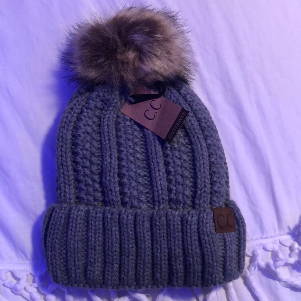 C.C grey knit warm fuzzy beanie with pom pom